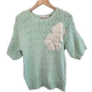 Vintage Floral Sweater Womens Medium Pastel Blue 80s Glam Rock Retro Cottage